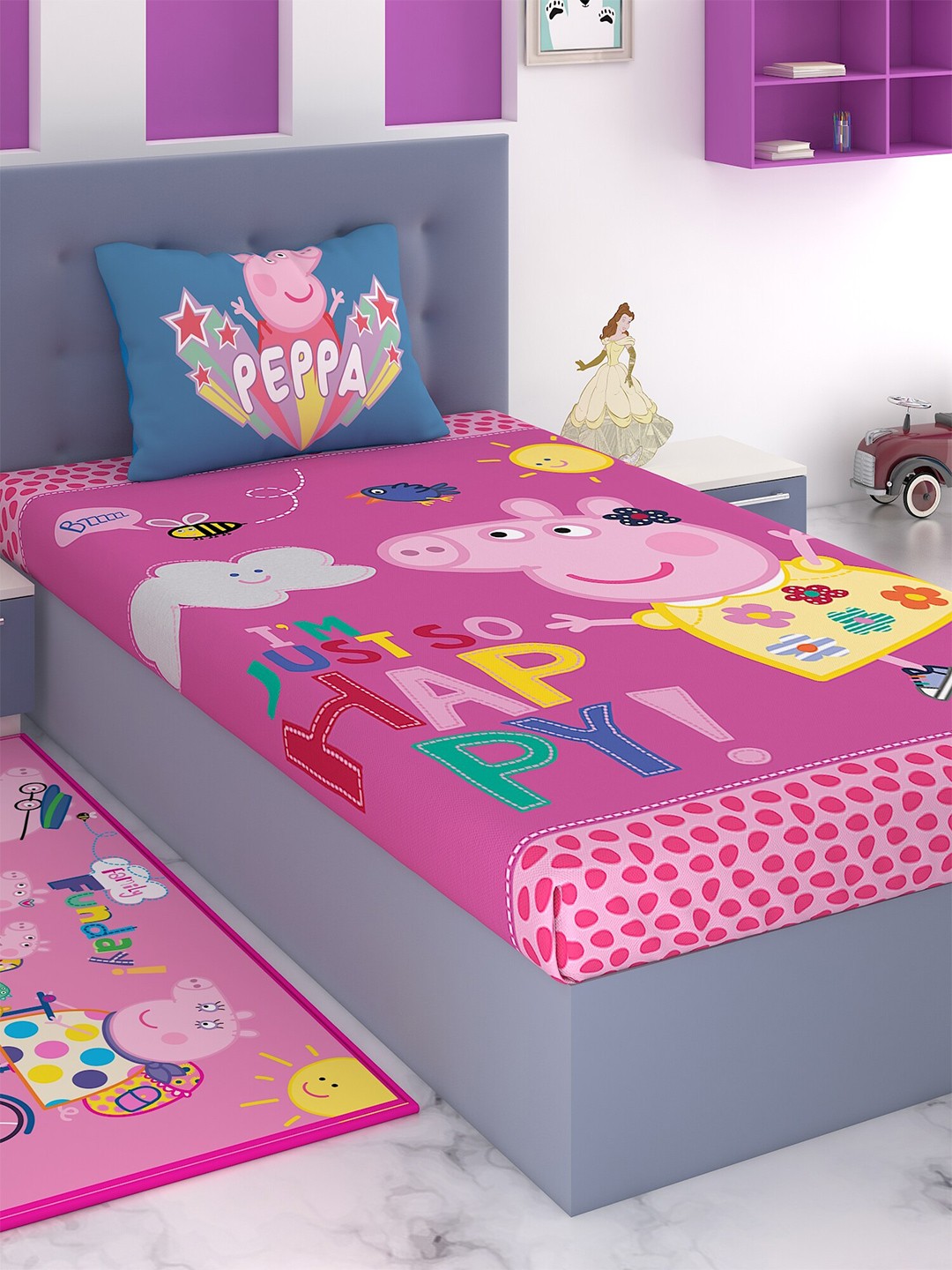 

Peppa Pig Pink & Yellow Printed 180 Cotton TC Single Bedsheet with 1 Pillow Covers