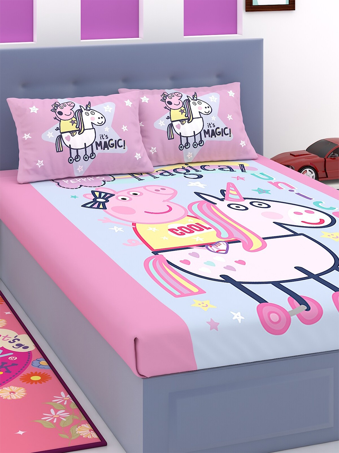 

Peppa Pig Purple & Blue Cartoon Characters 180 TC Single Bedsheet with 2 Pillow Covers