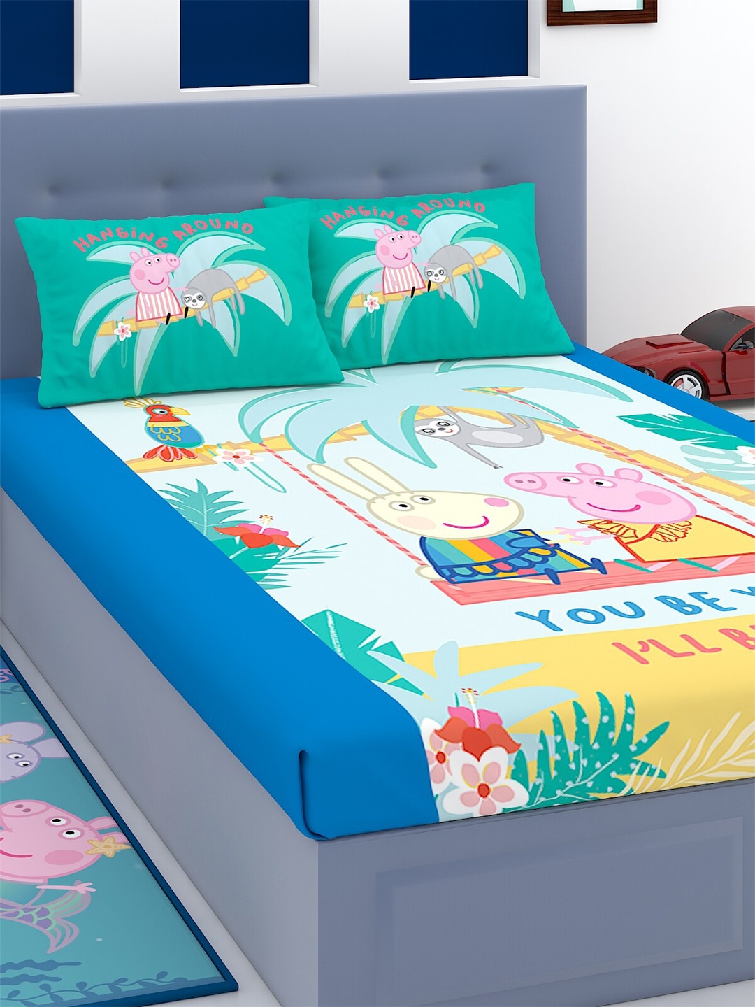 

Peppa Pig Green & Blue Cartoon Characters 180 TC King Bedsheet with 2 Pillow Covers