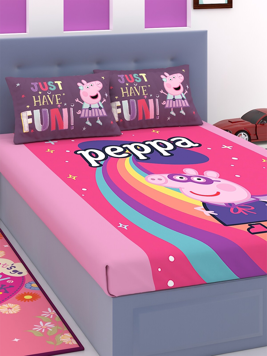 

Peppa Pig Pink & Blue Cartoon Characters 180 TC King Bedsheet with 2 Pillow Covers