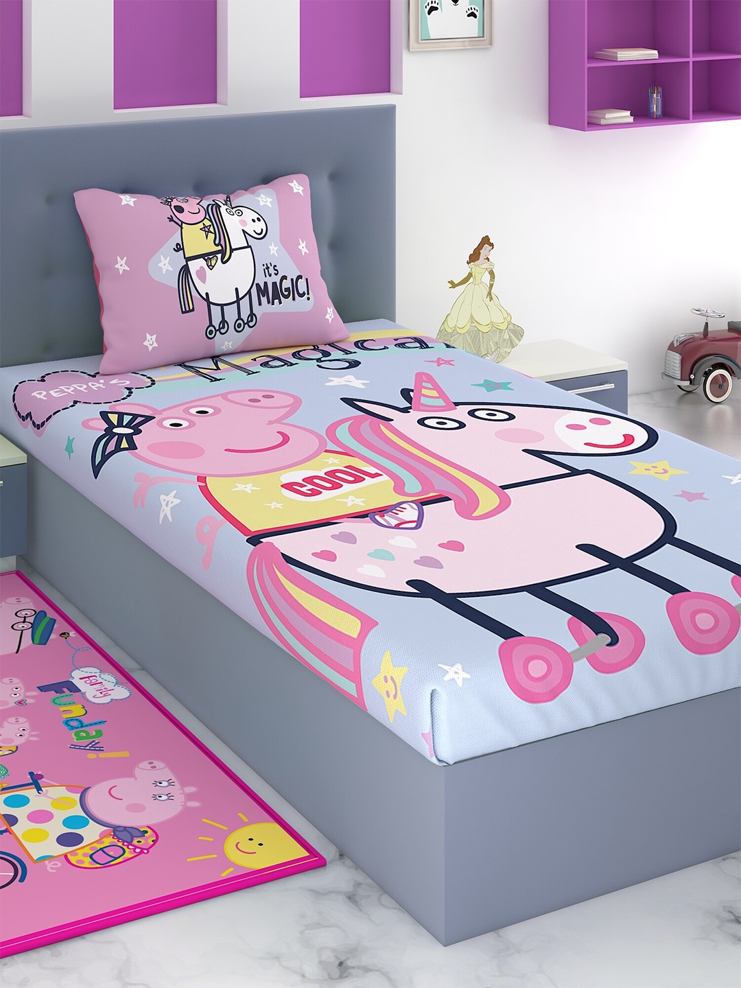 

Peppa Pig Kids Blue & Yellow Cartoon Characters 180 TC Single Bedsheet With 1 Pillow Cover