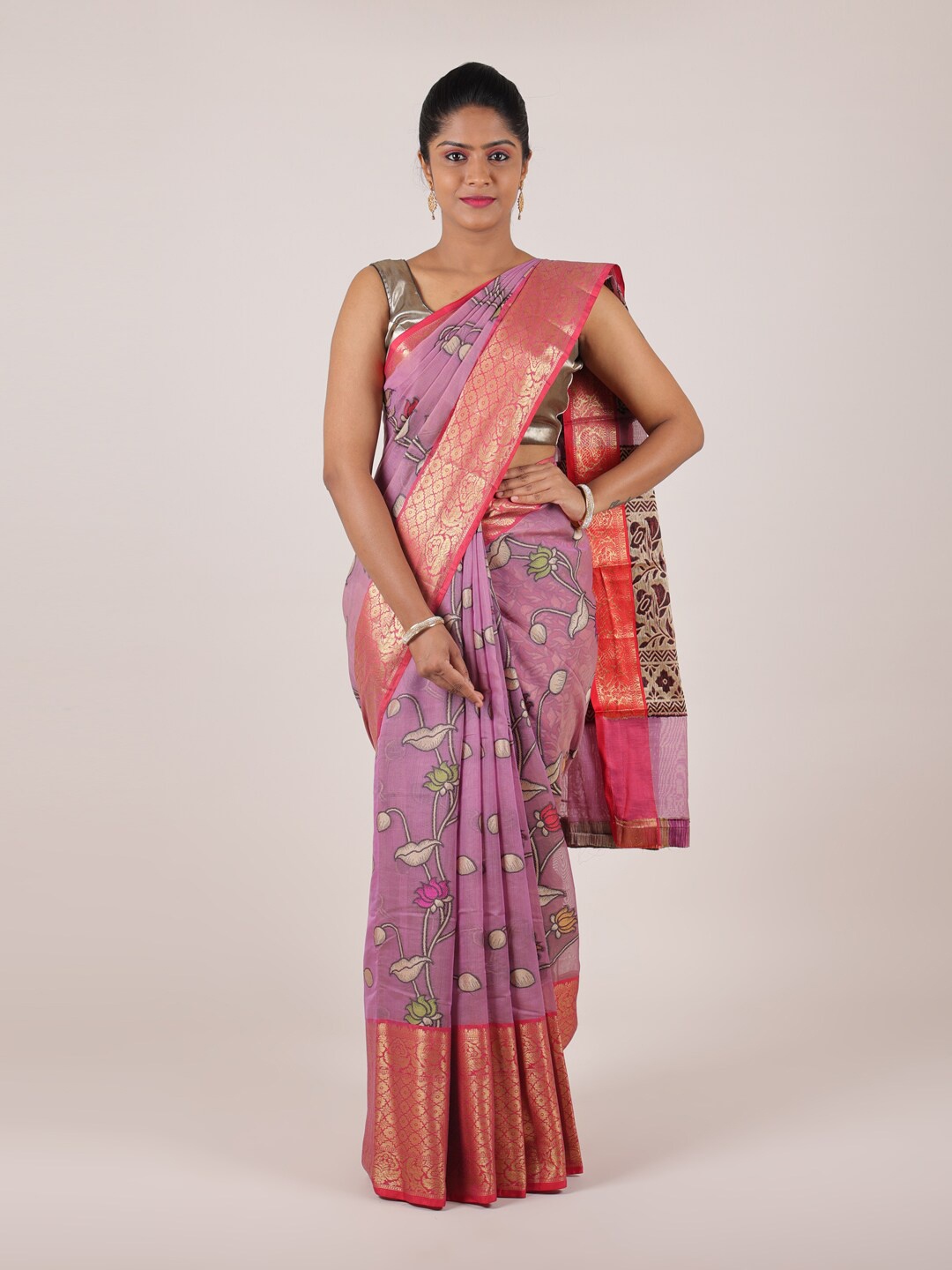 

Pothys Lavender & Red Floral Art Silk Saree