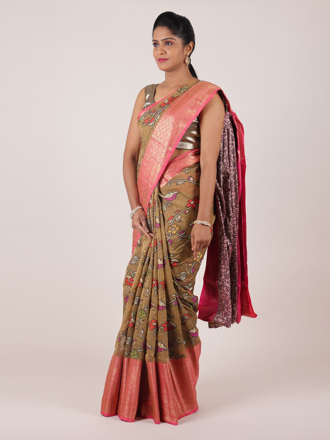 

Pothys Tan & Pink Floral Printed Zari Art Silk Saree