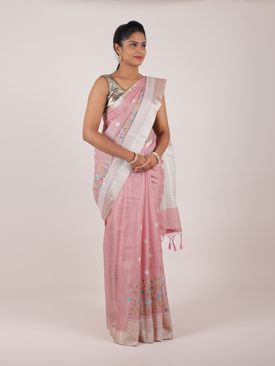 

Pothys Pink & White Woven Design Zari Art Silk Saree