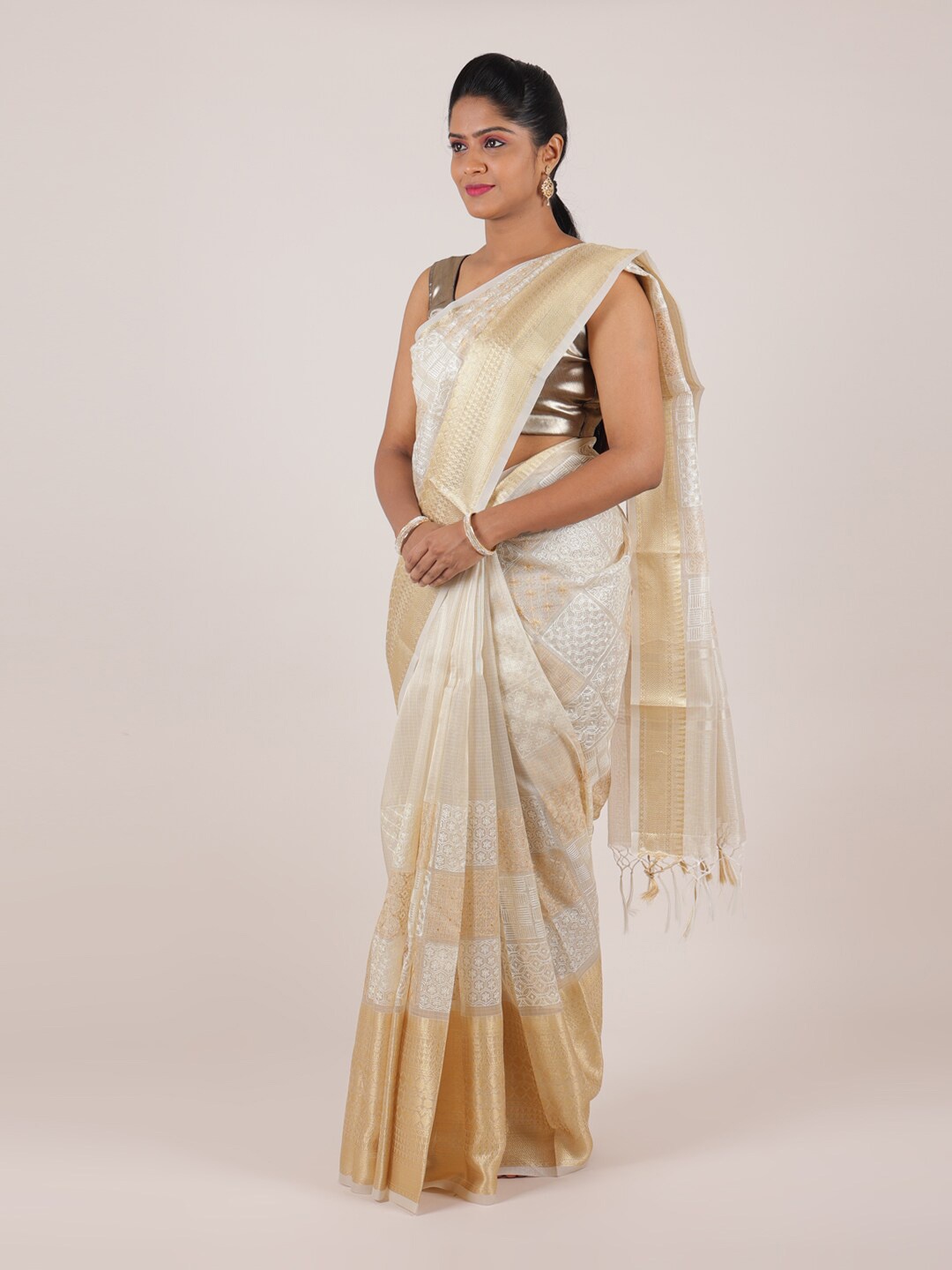 

Pothys Off White & Gold-Toned Woven Design Zari Art Silk Saree