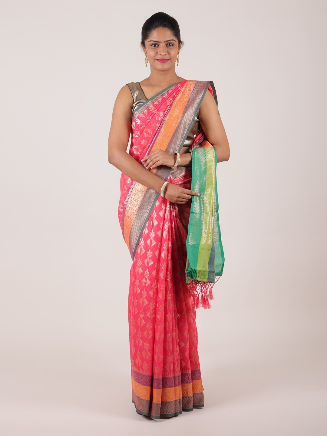 

Pothys Pink & Green Floral Zari Saree