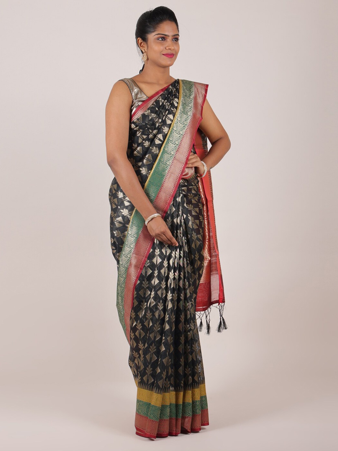 

Pothys Black & Red Ethnic Motifs Zari Saree