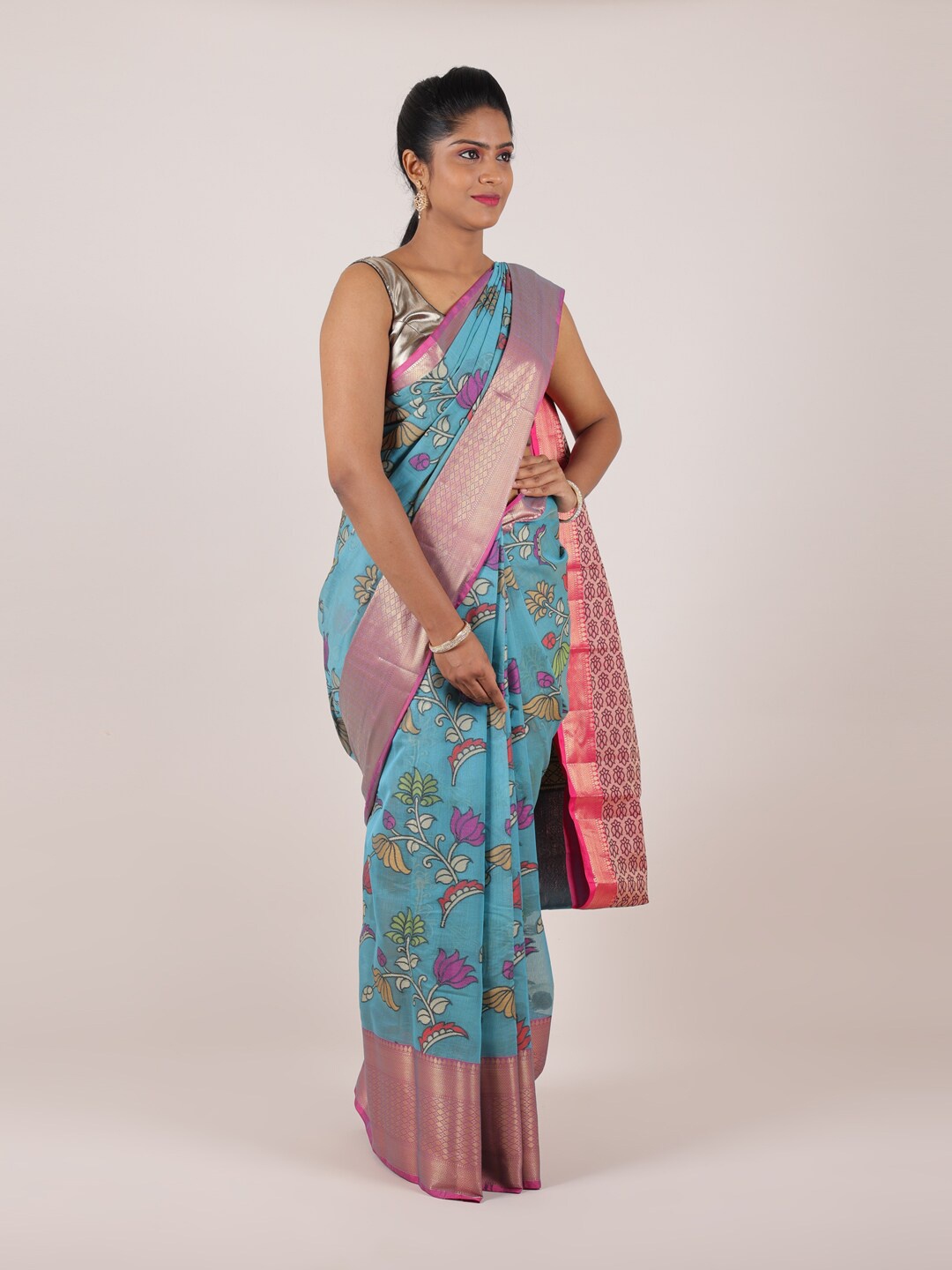 

Pothys Blue & Pink Floral Printed Zari Art Silk Saree