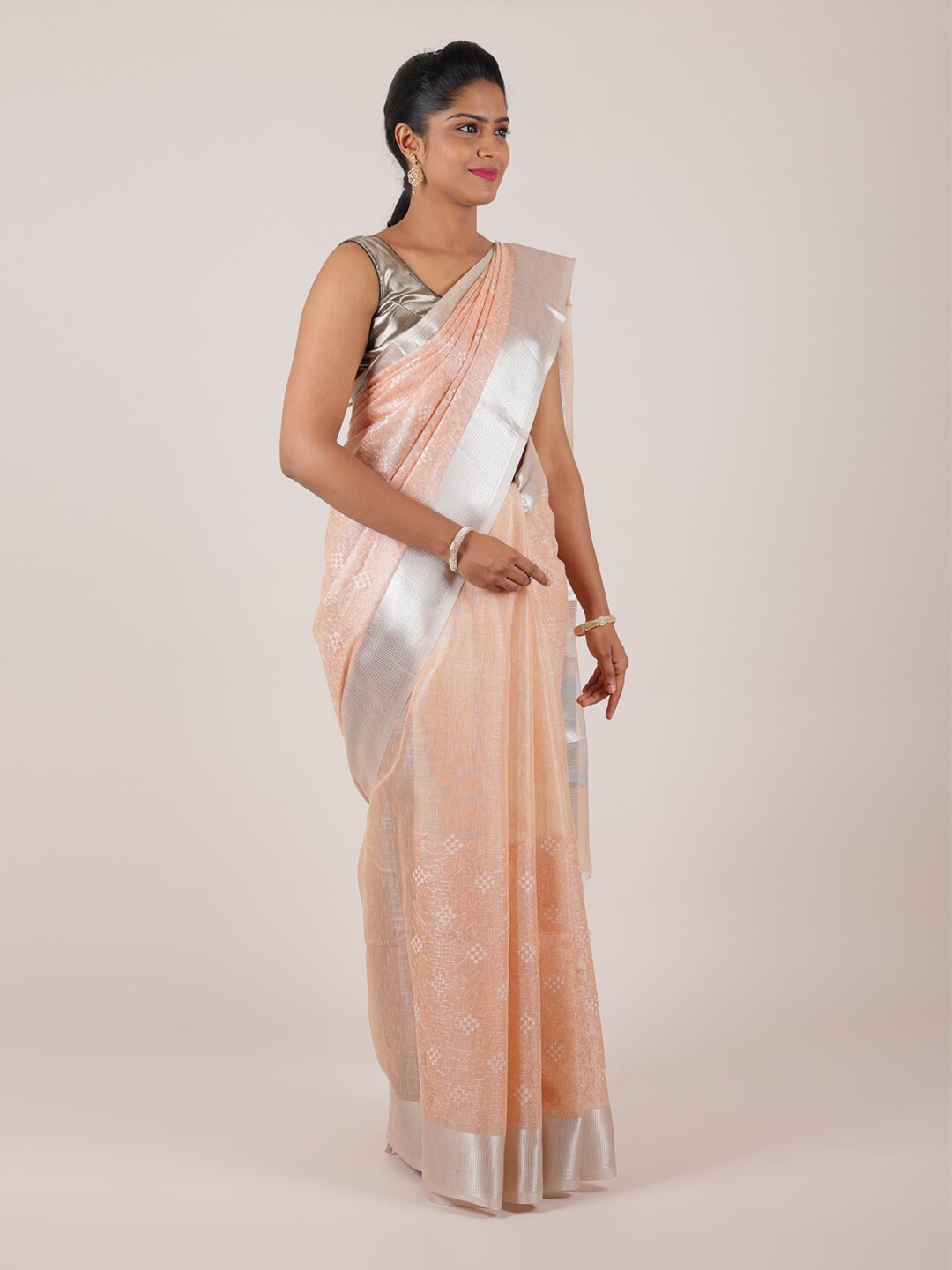 

Pothys Peach-Coloured Woven Design Organza Silk Saree