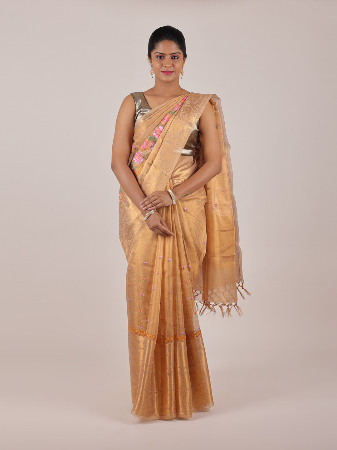 

Pothys Gold-Toned & Pink Floral Zari Art Silk Saree