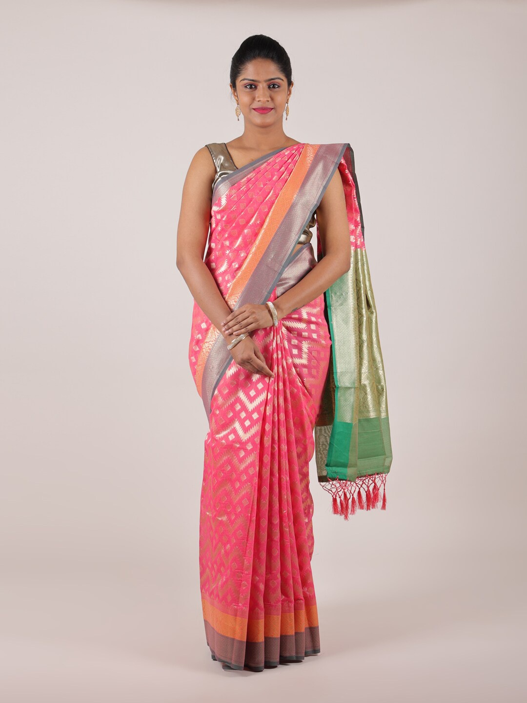 

Pothys Pink & Green Floral Zari Saree