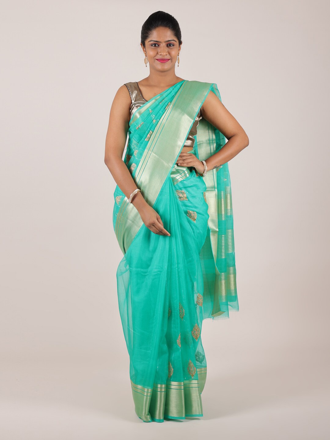 

Pothys Green & Gold-Toned Floral Organza Saree