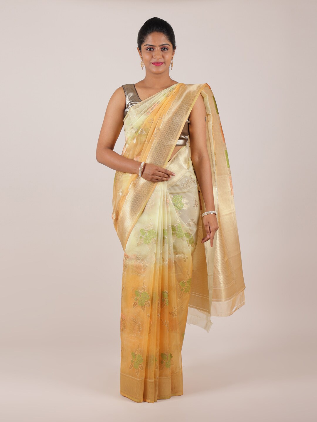 

Pothys Yellow & Green Floral Woven Design Organza Saree
