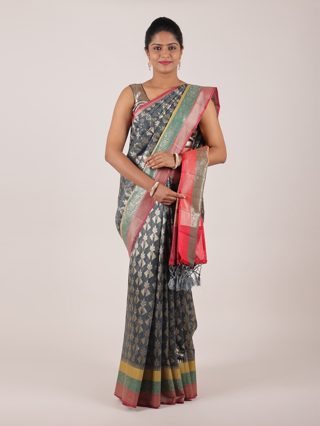 

Pothys Grey & Pink Geometric Woven Design Zari Saree