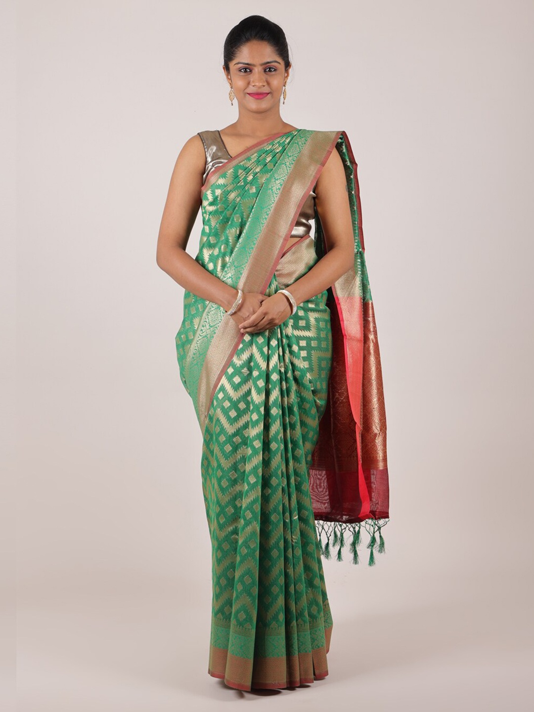 

Pothys Green & Red Woven Design Zari Saree