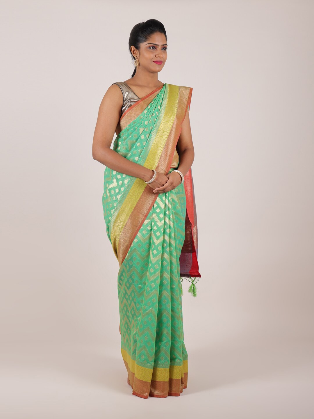 

Pothys Fluorescent Green & Gold-Toned Woven Design Zari Saree
