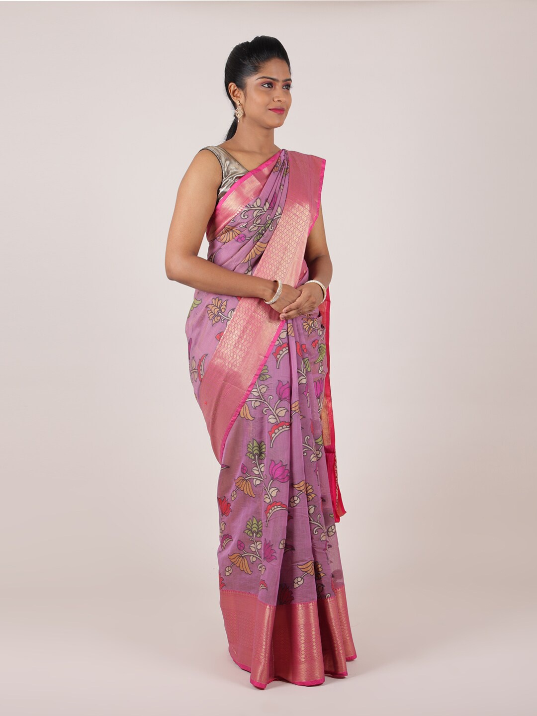 

Pothys Pink & Purple Floral Zari Art Silk Saree