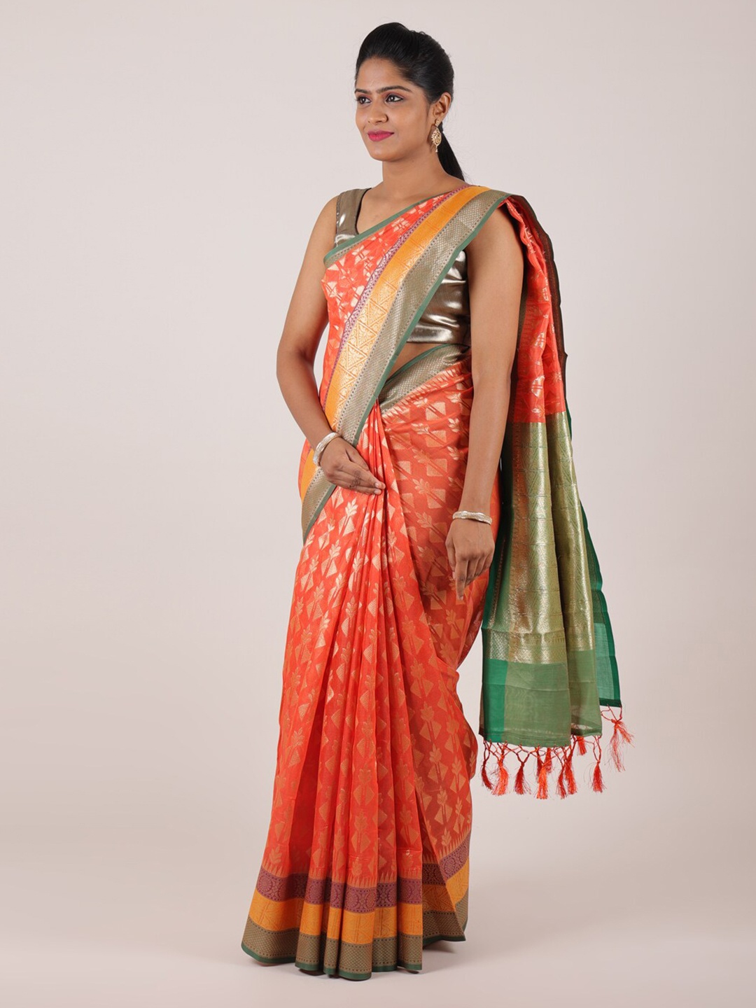 

Pothys Orange & Silver-Toned Ethnic Motifs Zari Saree