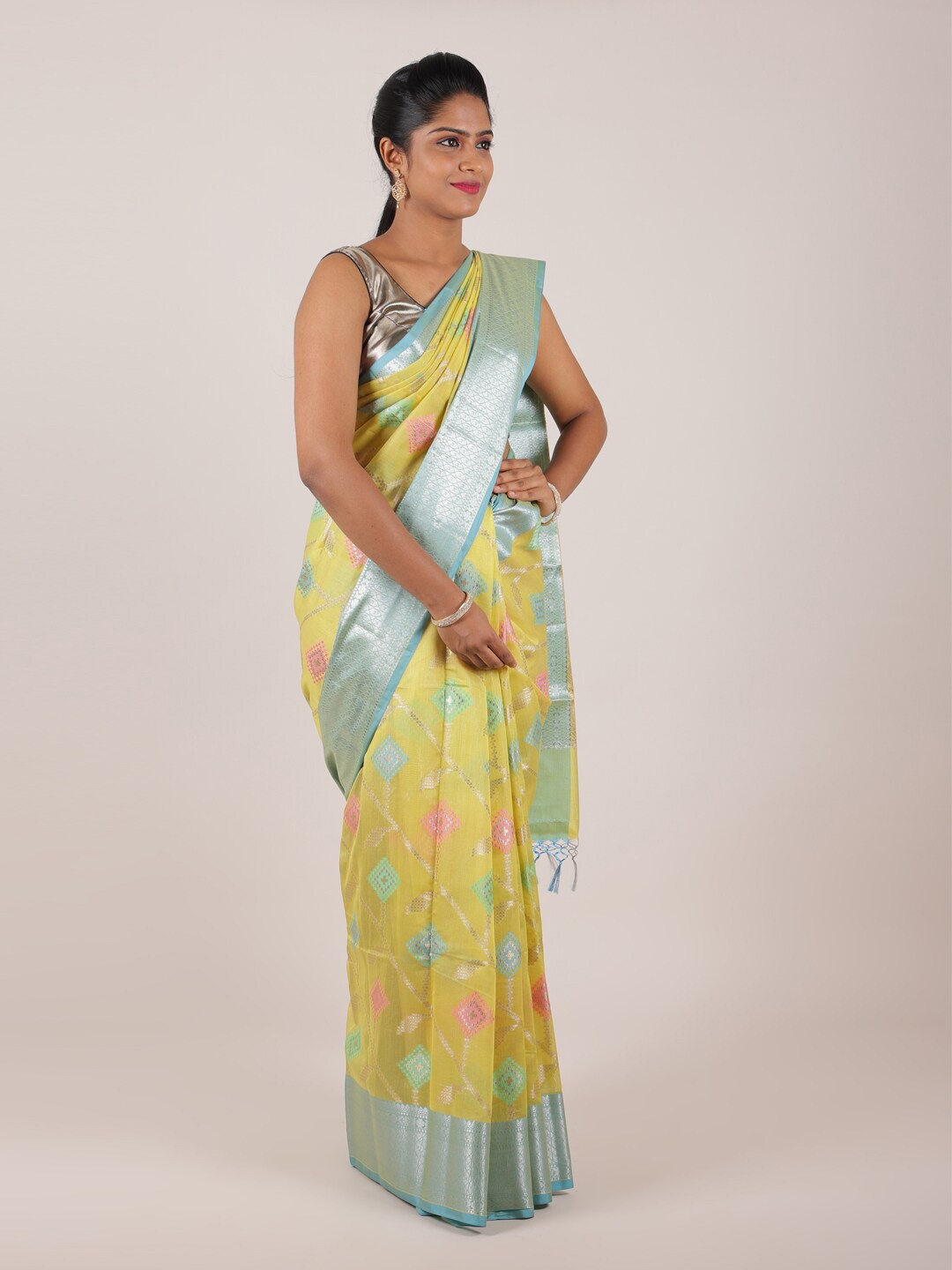 

Pothys Yellow & Blue Geometric Woven Design Zari Saree