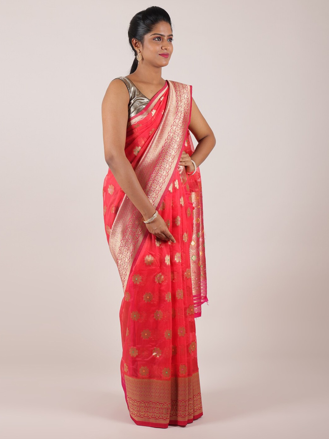 

Pothys Red & Gold-Toned Floral Organza Saree