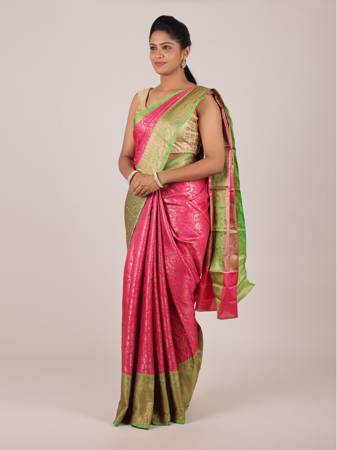 

Pothys Pink & Green Floral Zari Saree