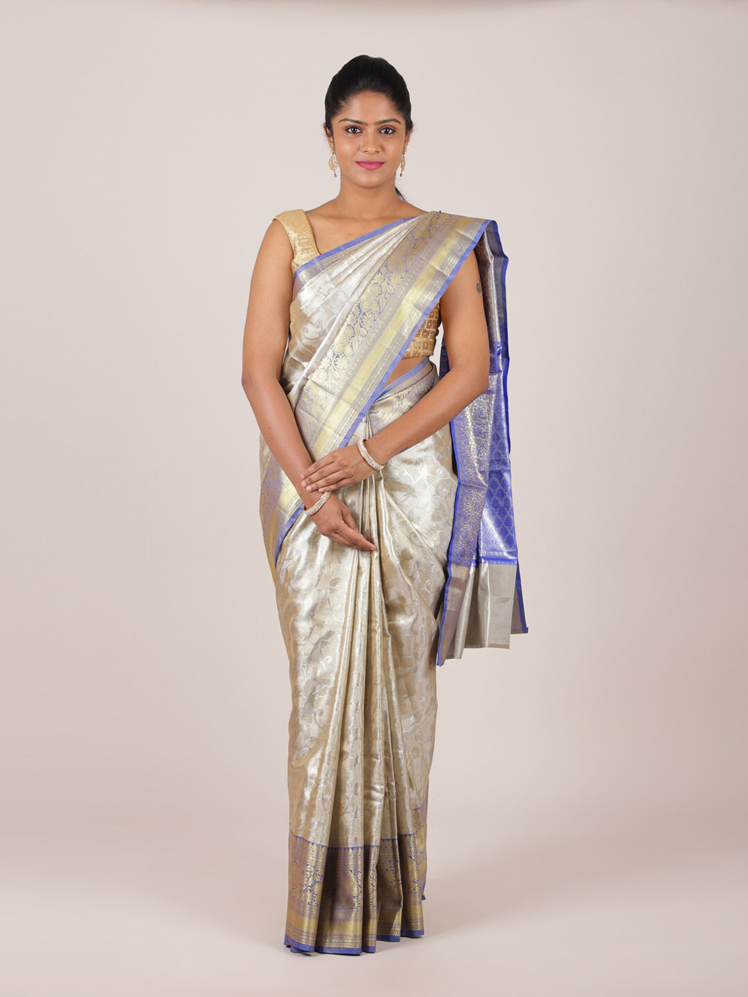 

Pothys Silver-Toned & Blue Floral Zari Saree
