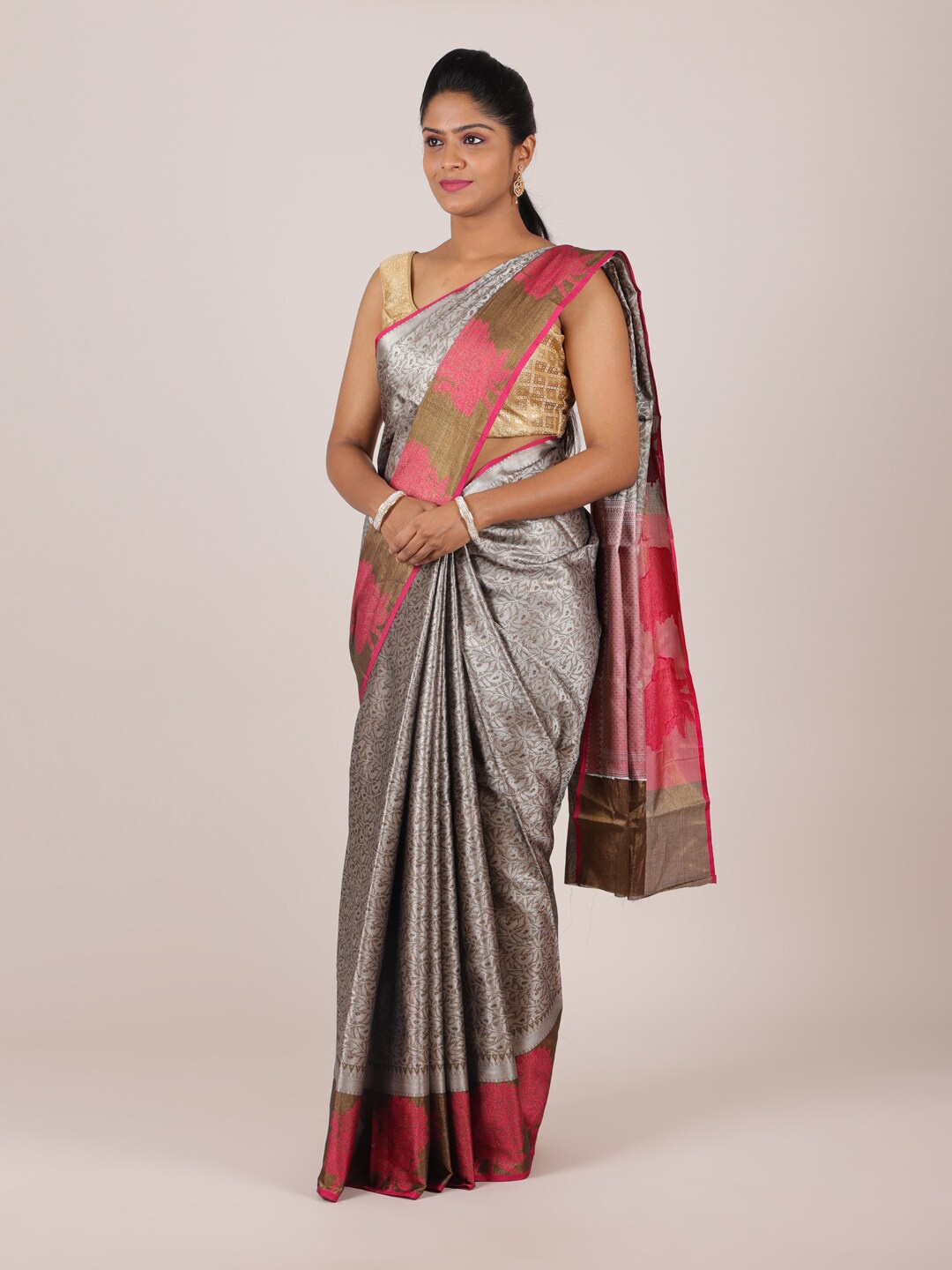 

Pothys Grey & Pink Woven Design Zari Saree