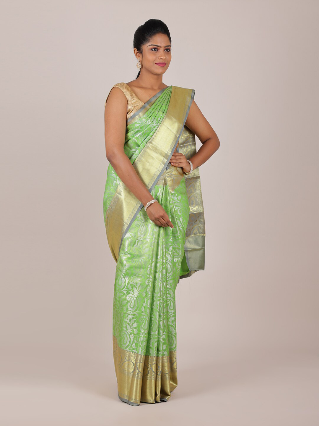 

Pothys Fluorescent Green & Gold-Toned Woven Design Zari Saree