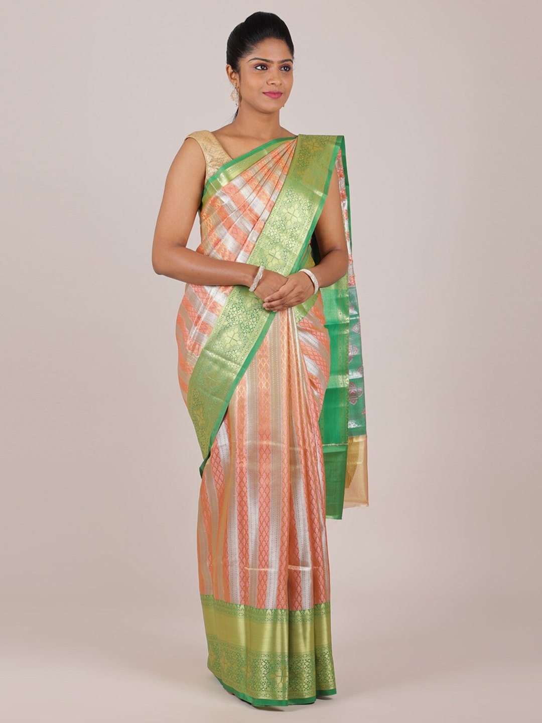 

Pothys Peach-Coloured & Gold-Toned Woven Design Zari Saree