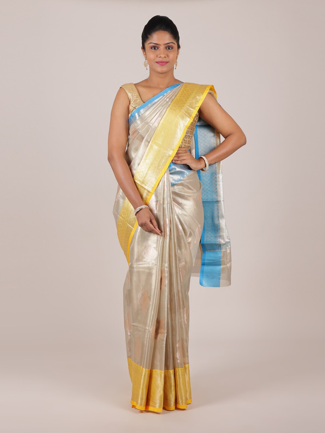 

Pothys Silver-Toned & Yellow Ethnic Motifs Zari Saree