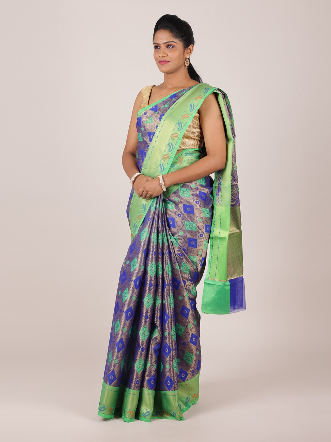 

Pothys Blue & Gold-Toned Ethnic Motifs Woven Design Zari Silk Cotton Saree