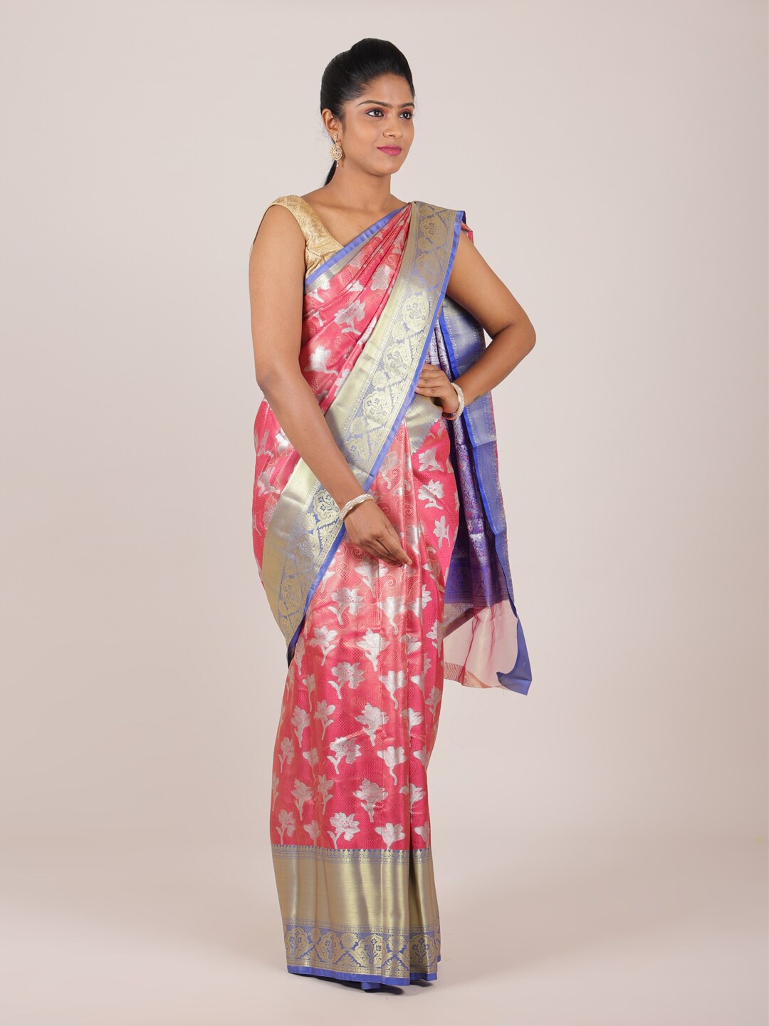 

Pothys Pink & Blue Ethnic Motifs Zari Saree