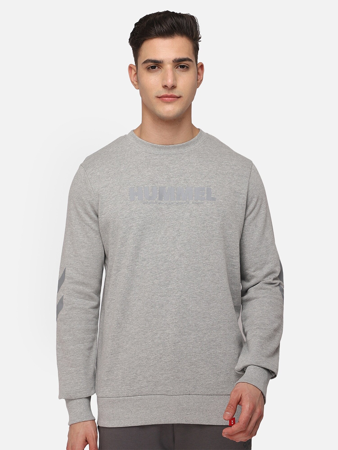 

hummel Men Grey Melange Printed Pure Cotton Sweatshirt