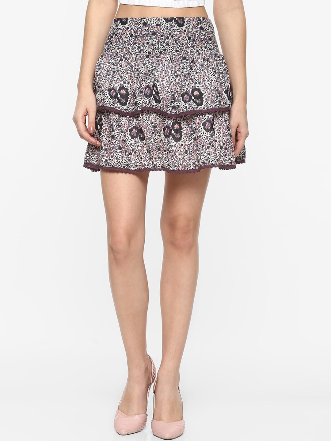 

Porsorte Women Purple & White Printed Pure Cotton Flared Skirt