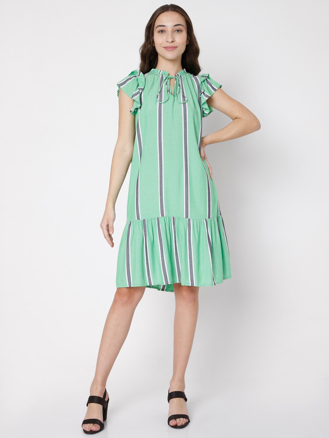 

Vero Moda Green & Purple Striped Tie-Up Neck A-Line Dress