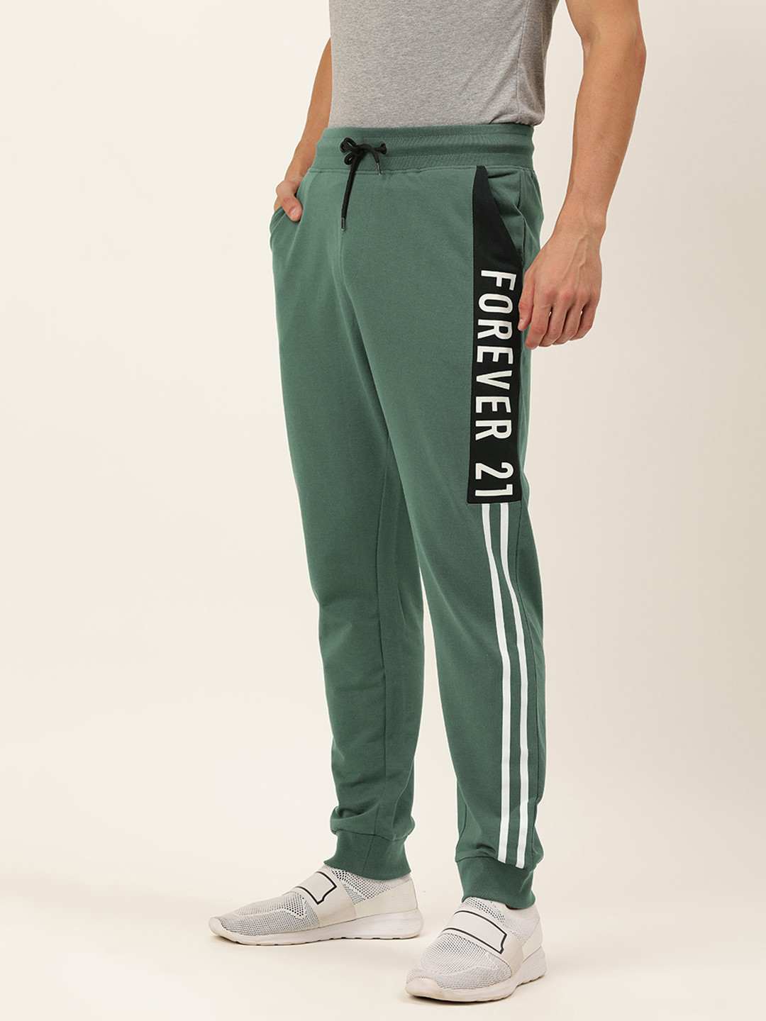 

FOREVER 21 Blue Brand Logo Printed Active Sport Joggers Track Pant With Side Stripes