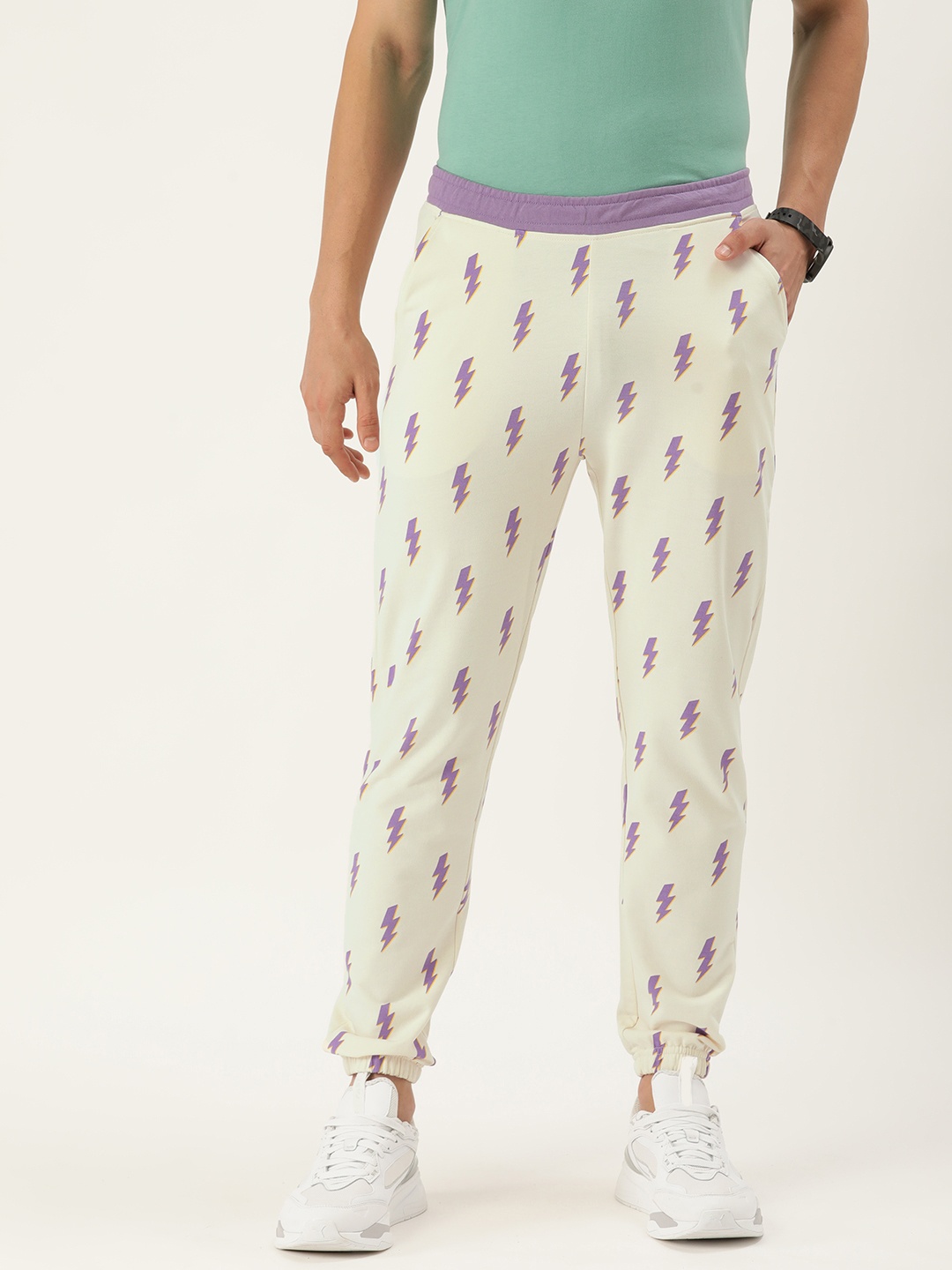 

FOREVER 21 Men Yellow And Purple Printed Joggers Trousers