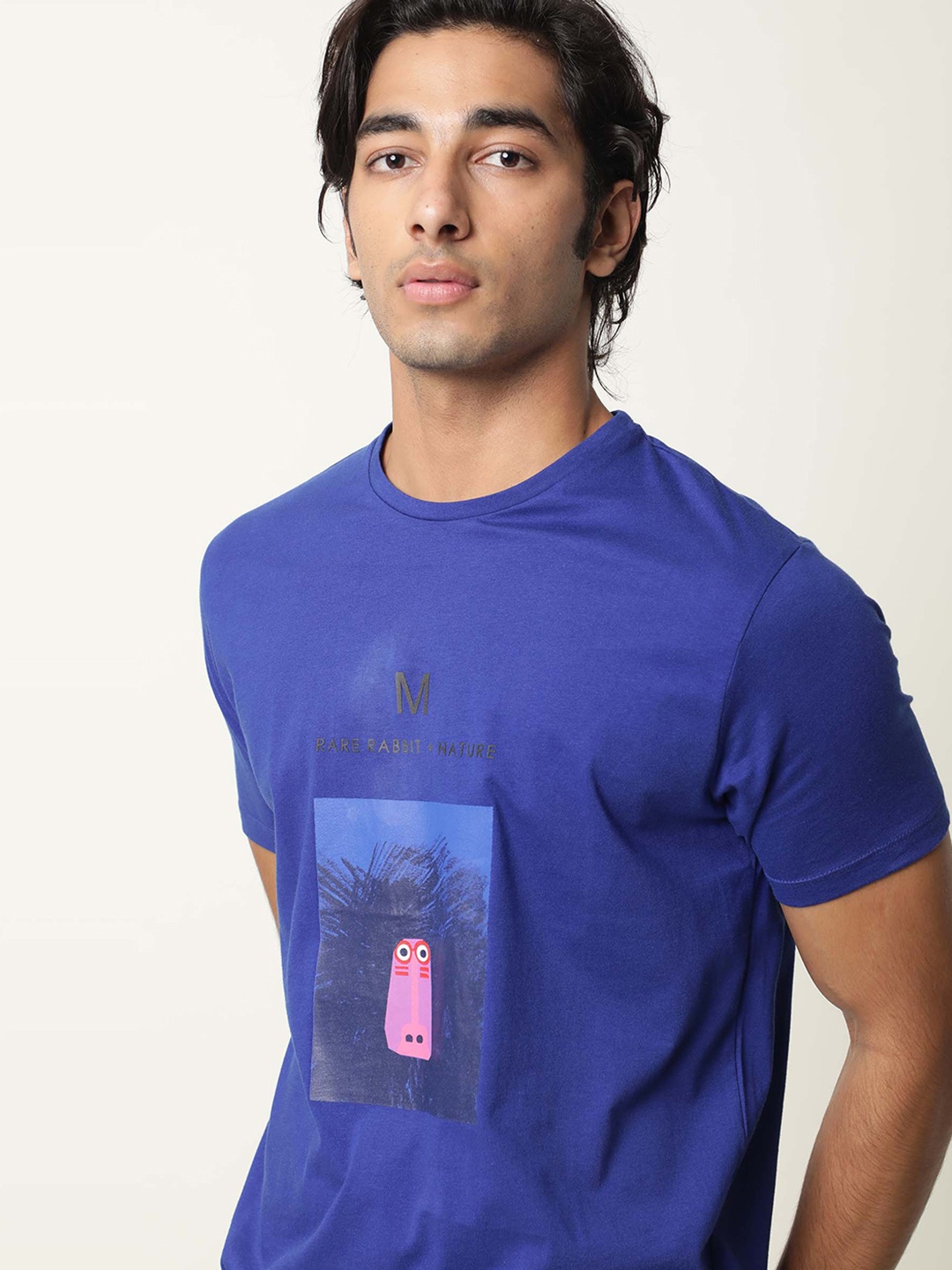 

RARE RABBIT Men Protea Printed Pure Cotton Slim Fit T-Shirt, Blue