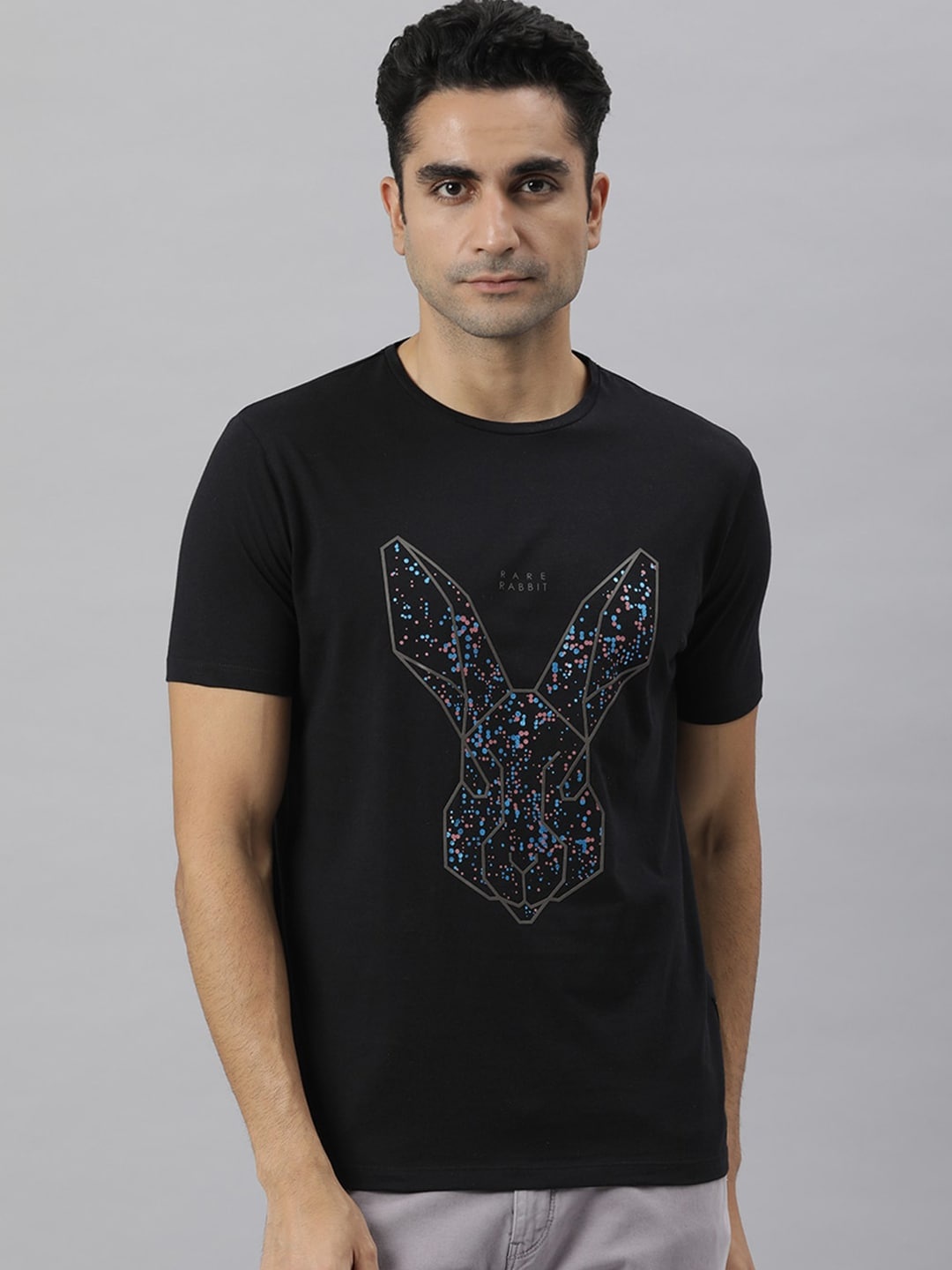 

RARE RABBIT Men Modern-2 Printed Pure Cotton Slim Fit T-Shirt, Black