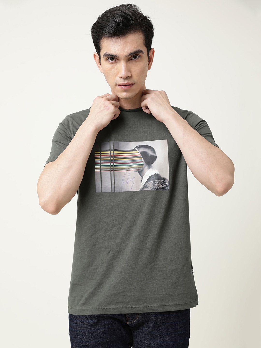 

RARE RABBIT Men Olive Green Typography Printed Pure Cotton Slim Fit T-shirt