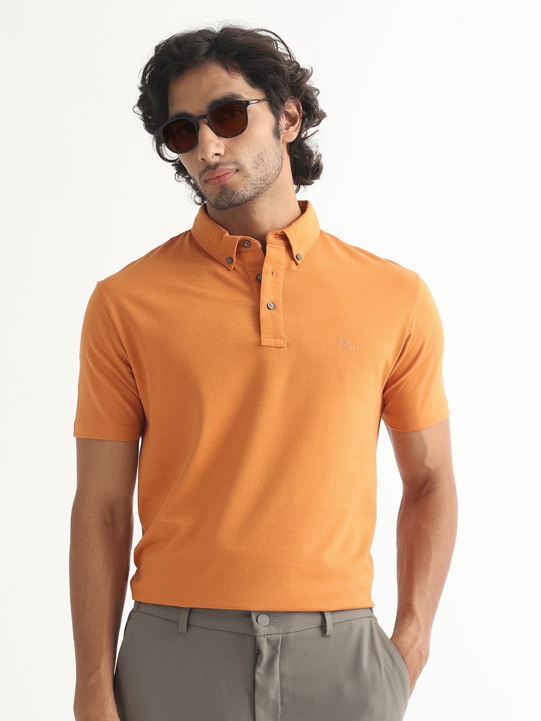 

RARE RABBIT Men Orange Polo Collar Cotton Slim Fit T-shirt