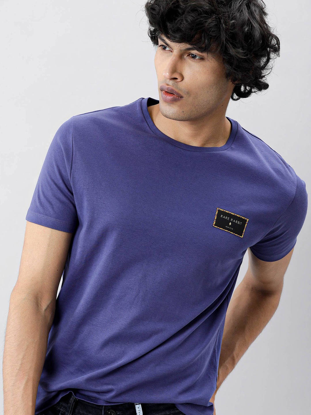 

RARE RABBIT Men Leo Slim Fit Solid Round Neck Pure Cotton T-Shirt, Purple