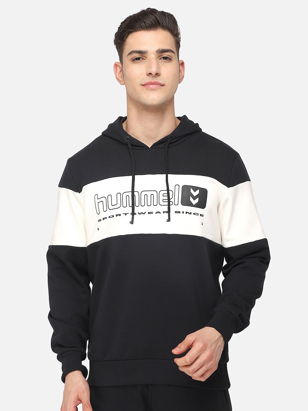 

hummel Men Black & White Brand Logo Printed Hooded Pure Cotton Sweatshirt