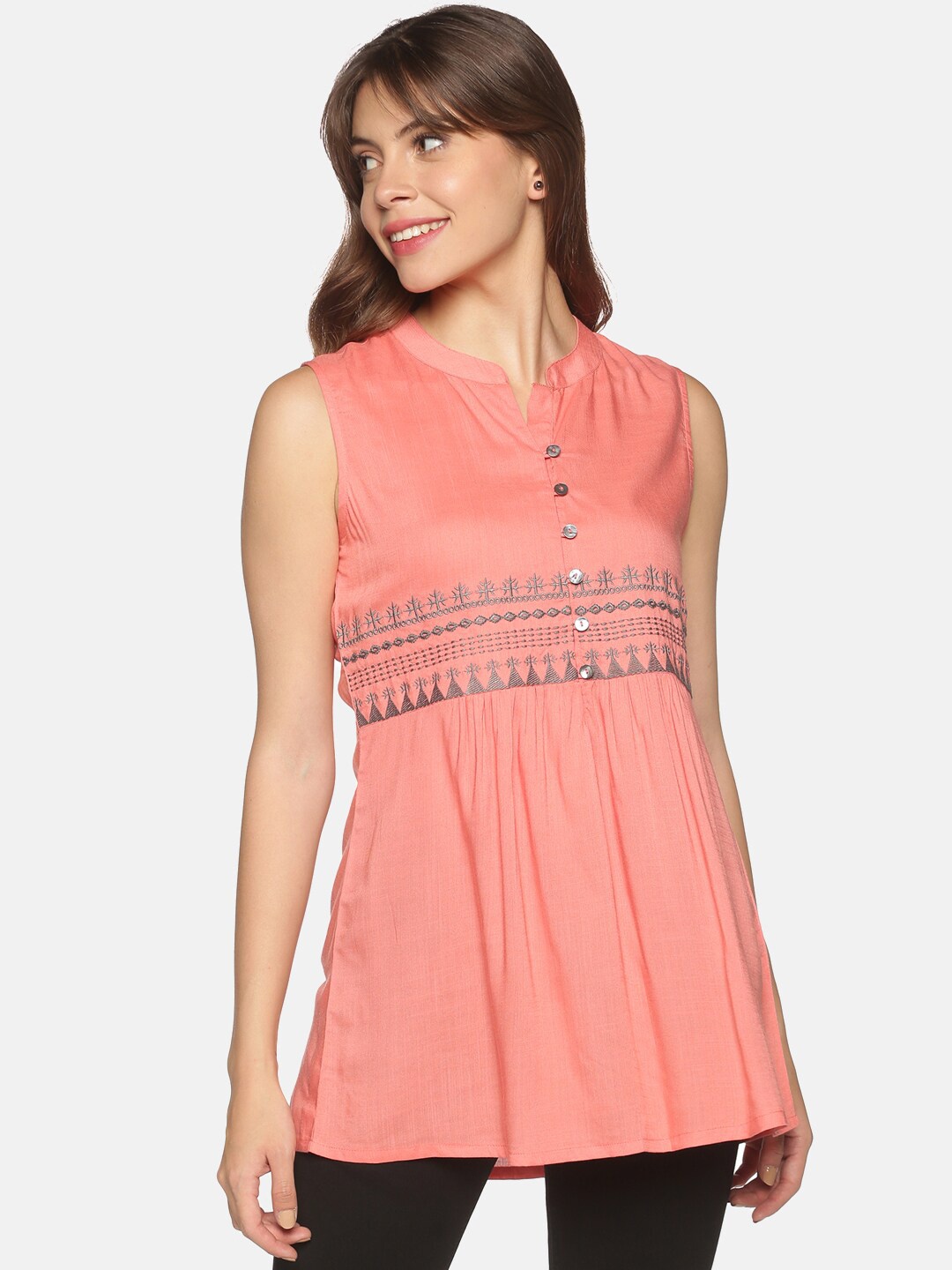 

Saffron Threads Peach-Coloured & Grey Mandarin Collar Embroidered Tunic