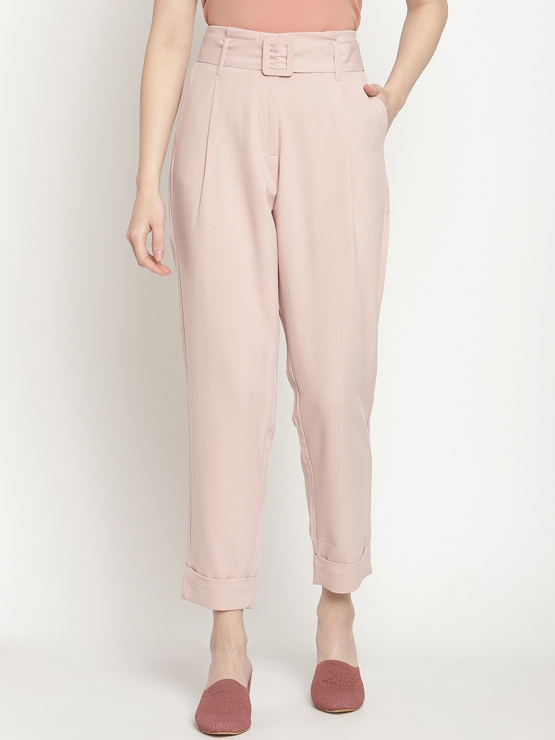 

Madame Women Peach-Coloured Pleated Cropped Peg Trousers