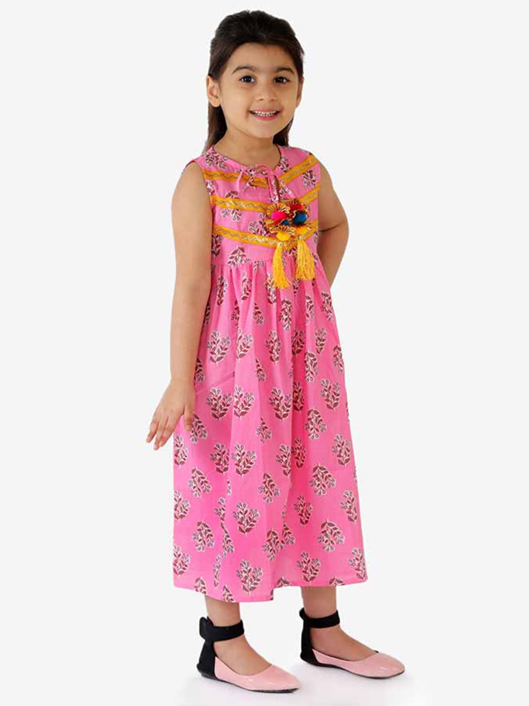 

KID1 Pink Floral Ethnic Block Print Cotton Maxi Dress