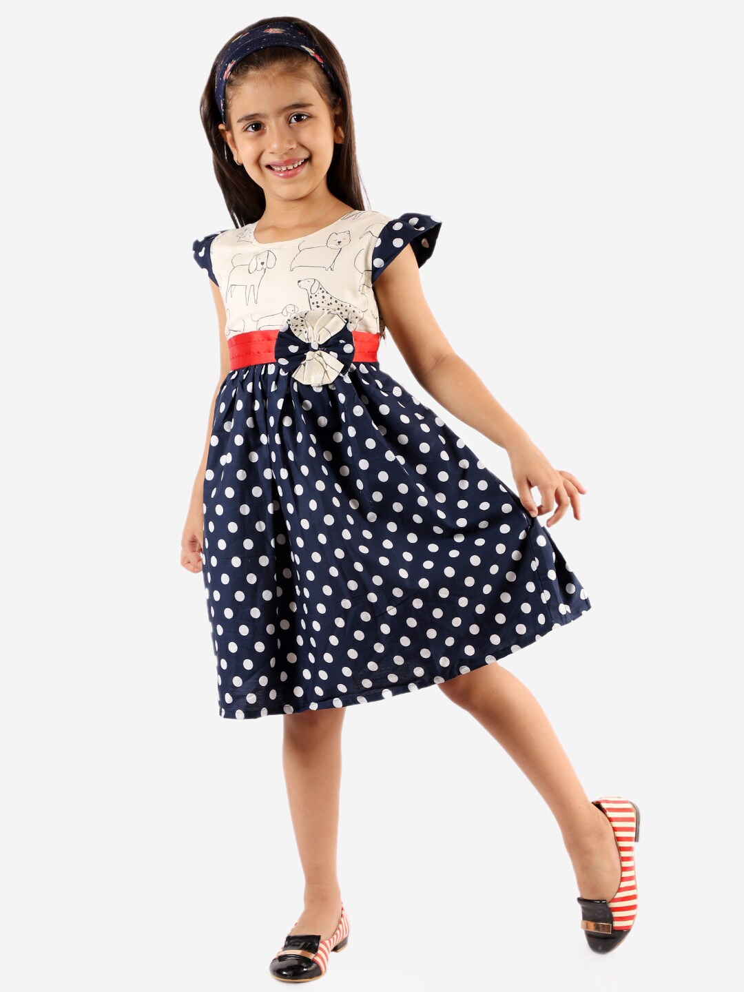 

KID1 White & Navy Blue Cotton Polka Dots Printed Fit & Flared Dress