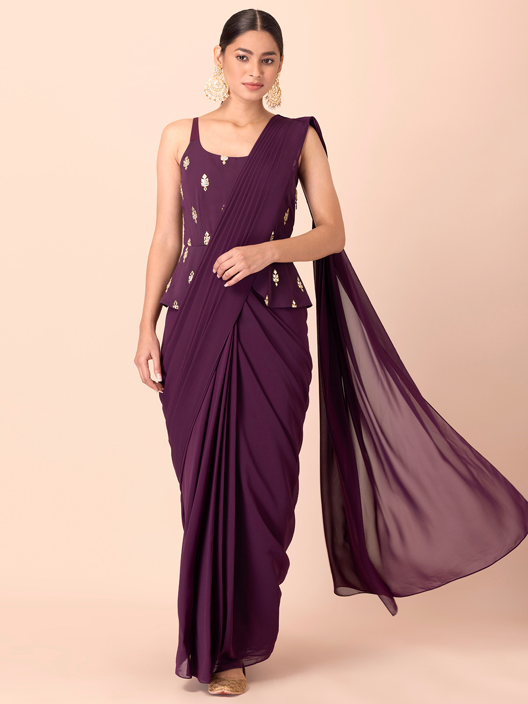 

INDYA Purple & Gold-Toned Mirror Embroidered Saree With Attached Peplum Blouse