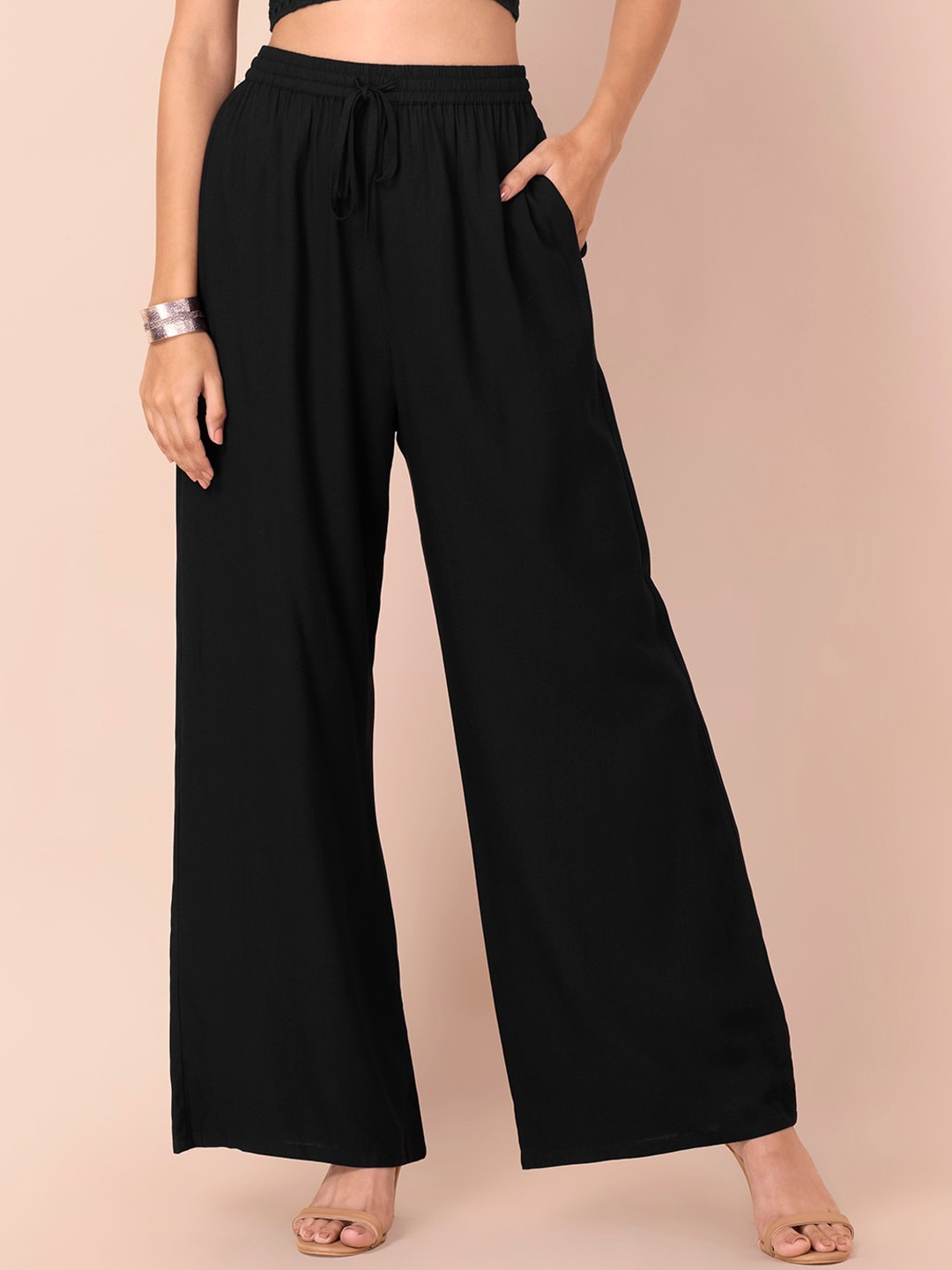 

INDYA Women Black Solid Relaxed Trousers
