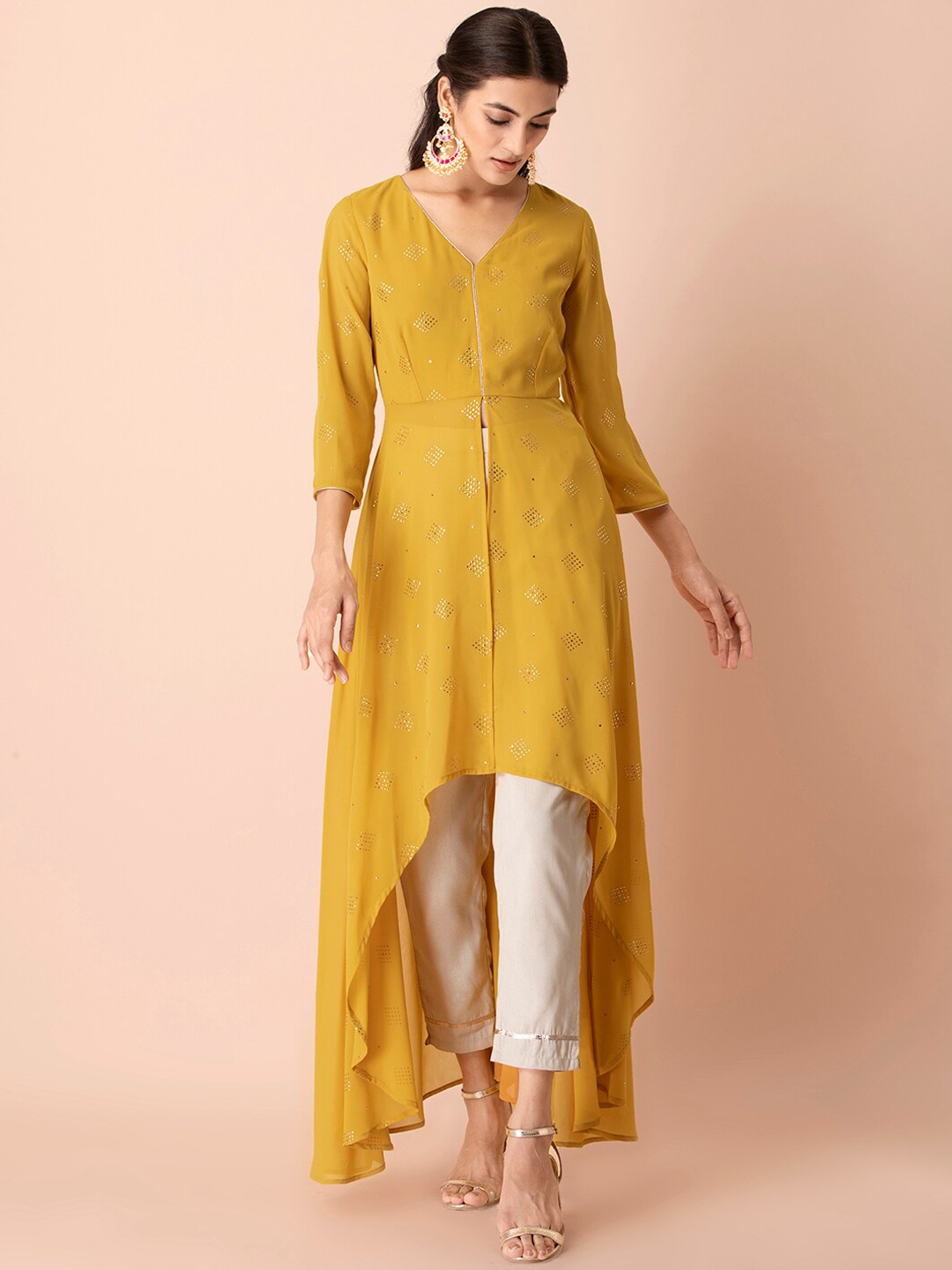 

INDYA Women Yellow Abstract Embellished High-Low Anarkali Kurta